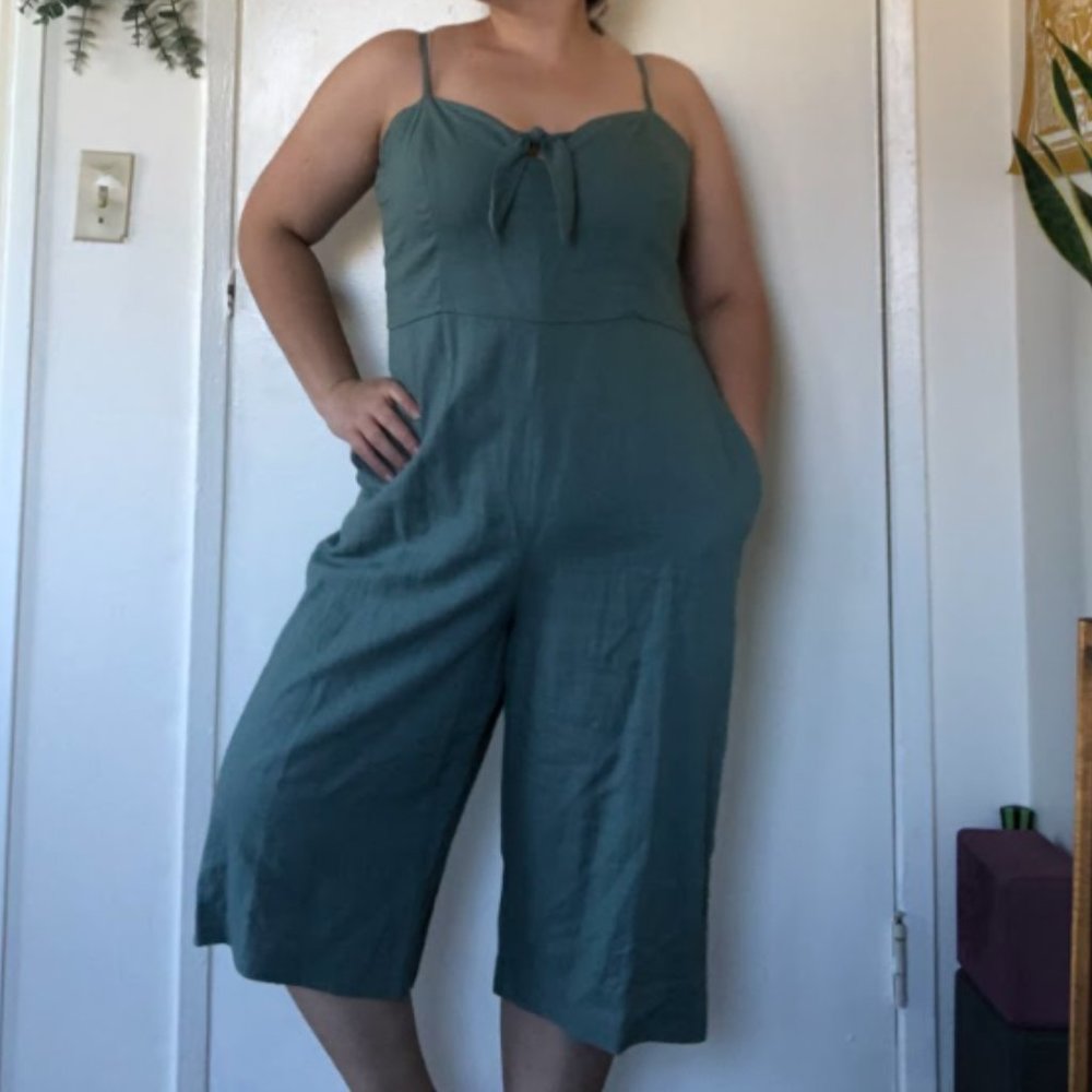 Linen Women's Jumpsuit Blue with Spaghetti Straps